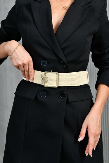 bayansepeti 1879 Model Beige Butterfly Patterned Buckle Straw Belt