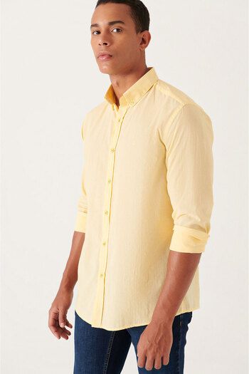 Avva Men's Yellow 100% Cotton Thin Soft Button Collar Shirt E 002206
