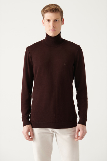 Avva Men's Burgundy Full Turtleneck Wool Blended Knitwear Sweater E 005014