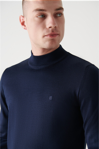 Avva Men's Navy Blue Half Turtleneck Wool Blended Knitwear Sweater E 005015