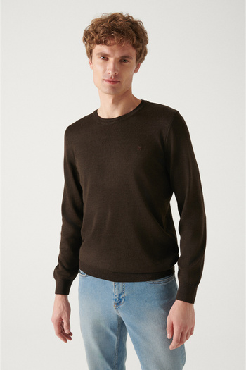 Avva Brauner Strickpullover mit Rundhalsausschnitt und Wollmischung für Herren E 005013