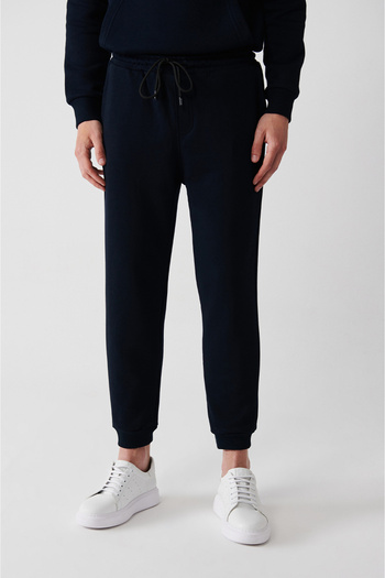 Avva Men's Navy Blue Laced Waist Elastic 3 Thread Raised Sweatpants E 003402