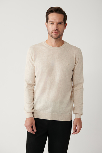 Avva Men's Beige Crew Neck Wool Knitwear Sweater B 005013