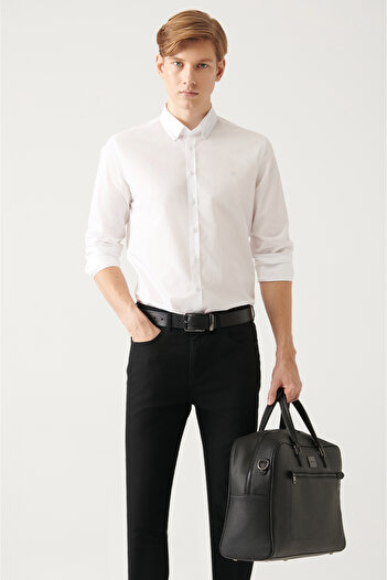 Avva Erkek Beyaz Düğmeli Yaka Basic %100 Pamuk Slim Fit Gömlek B002030