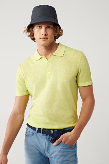 Avva Men's Neon Green 3 Button Garment Dyed Polo Neck Knitwear T-Shirt A41Y5067