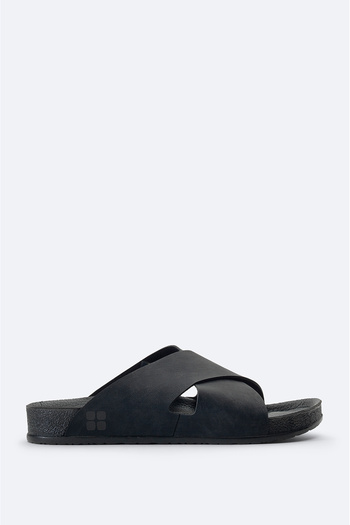 Avva Men's Black Cross Strap Leather Look Flexible Sole Slippers A41Y8300
