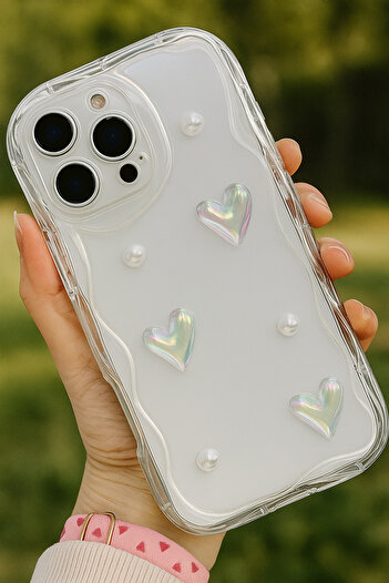 Fibaks Case for Apple iPhone 14 Pro 3D Heart Pearl Design Patterned Camera Protection Transparent Silicone Cover