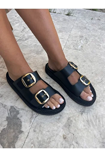 İnan Ayakkabı Women's Daily Slippers Double Strap Slippers Black
