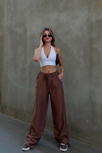 la & vetta Brown Linen Blend Loose Cut Trousers