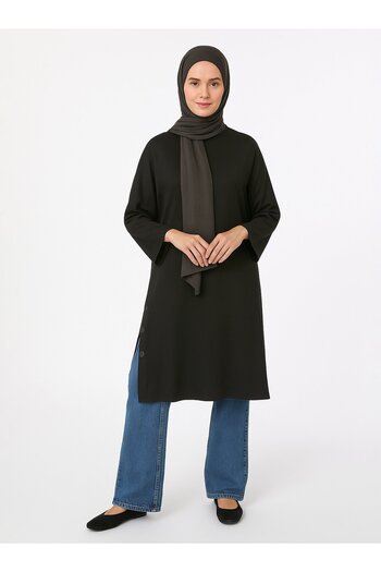 Refka Viscose Snap Detailed Three Quarter Sleeve Tunic - Black - Refka