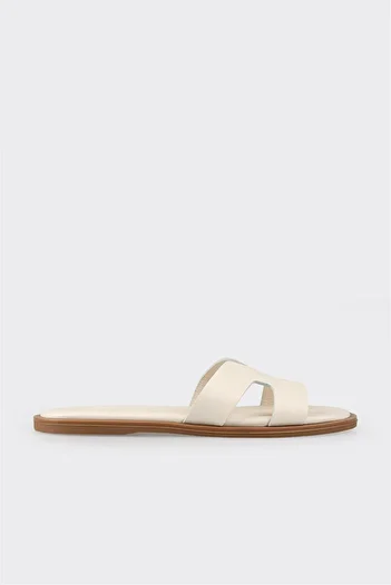 Elle Shoes Εκρού Δερμάτινες Γυναικείες Flat Παντόφλες