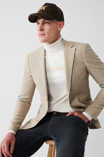 Avva Men's Beige Mono Collar Lined Wool Jacket with Bag Pocket A32Y4041