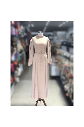 Bijutek Cream Satin Sleeves Elastic Special Occasion - Graduation Evening Dress