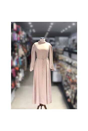 Bijutek Cream Satin Sleeves Elastic Special Occasion - Graduation Evening Dress
