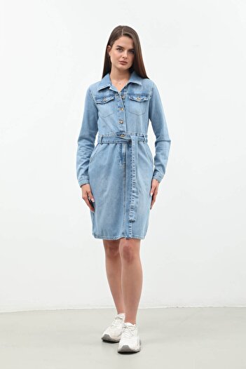 Bluewhite Long Sleeve Jean Dress - Belt Detail