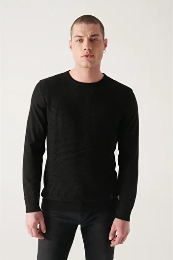 Avva Schwarzer Herren-Strickpullover aus Baumwolle mit Rundhalsausschnitt A22y5065