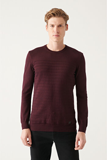 Avva Men's Claret Red Crew Neck Cotton Knitwear Sweater A22Y5074