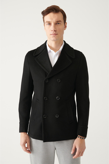 Avva Men's Black Double Breasted Collar Wool Stamp Coat A22Y6101
