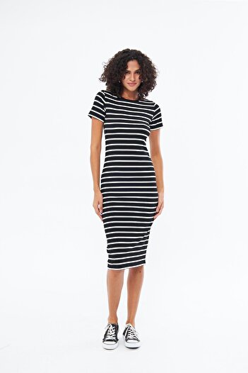 Chandraswear Black Long Striped Women's Dress - Short Sleeve, Summer