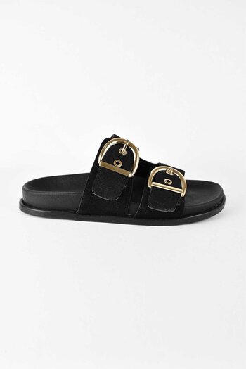 birizmoda Women's Suede Gold Buckle Double Strap Poly Sole Daily Slippers - Black