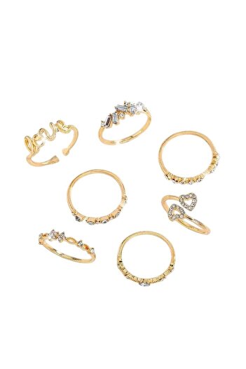 huitich 7-Piece Gold Colour Plated Crystal & Letter Ring Set Elegant & Trendy
