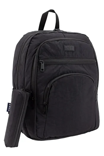 KAFF Unisex Black 01101-Set Crinkle Fabric Waterproof School Travel Sports Daily Backpack with Pen Holder