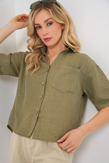 Bigdart Women's Linen Look Crop Shirt 20339 - Çağla