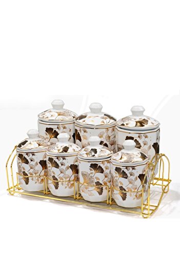 rexa 7-Piece Luxury Porcelain Spice Set – Gold Gilded Versace-Inspired White Storage Jars with Stand