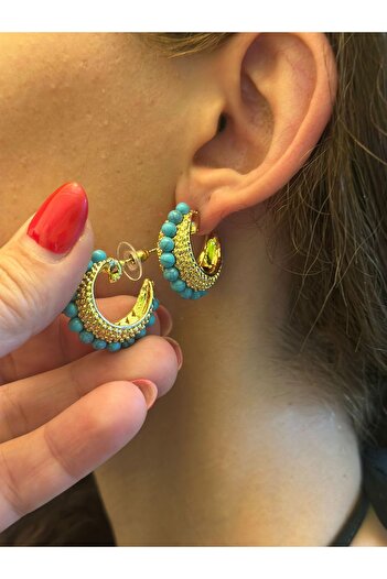 Gönülden Tasarım Steel Cyrus Stone Embroidered Women's Hoob Earring 2 cm