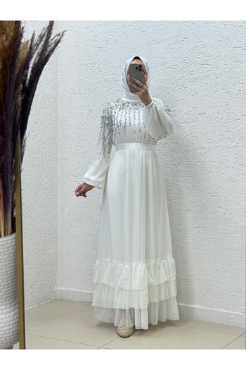 MİHRA STORE Nazenin Six Ruffles Top με πέτρες Abaya-GE752 Λευκό
