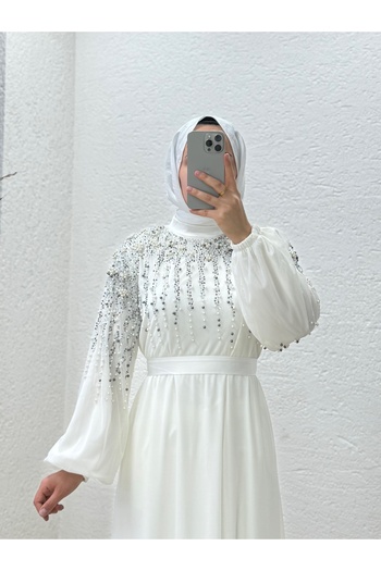 MİHRA STORE Nazenin Six Ruffles Top με πέτρες Abaya-GE752 Λευκό