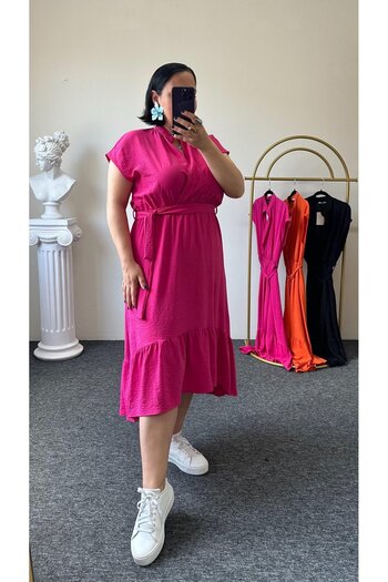 Vio Moda Büyük Beden Double Breasted Collar Ayrobin Dress