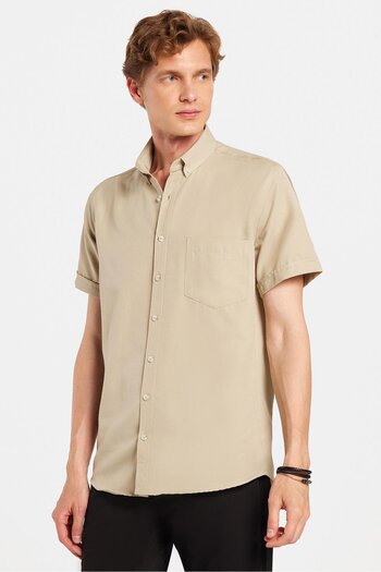 Tudors Men's Classic Regular Fit Relaxed Fit Buttoned Sports Collar Oxford Cotton Short Sleeve Stone Shirt