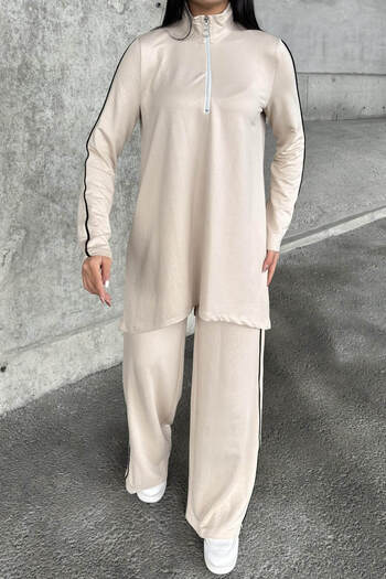 Juuuj Stone Asymmetric Cut, Zippered Blouse & Wide Leg Pants - Viscose Two Thread Fabric Top & Bottom Set