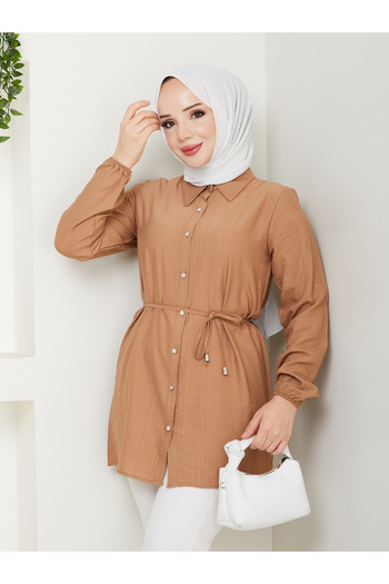 Gc.Butiq Women's Sleeve Mouth Elastic - Waist Tie Long Shirt-Tunic