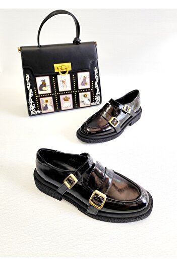 Of&Off Women's Patent Leather Belt Detail Casual Shoes