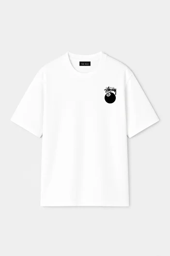 THE RULE Unisex Stüssy Billiard Ball Printed Oversize 100% Cotton Wide Cut Crew Neck White T-Shirt Rf0525