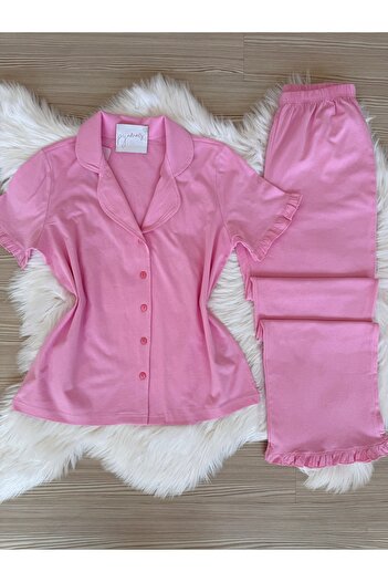 Pijamacs Candy Pink Cotton Short Sleeve Front Button Pajama Set with Ruffle Detail on Sleeves and Legs