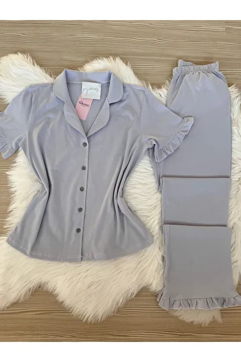 Pijamacs Light Lilac Cotton Short Sleeve Front Button Pajama Set with Ruffle Detail on Sleeves and Legs