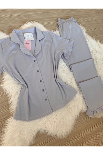 Pijamacs Light Lilac Cotton Short Sleeve Front Button Pajama Set with Ruffle Detail on Sleeves and Legs