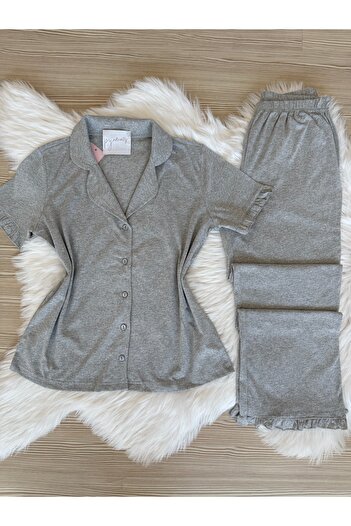 Pijamacs Gray Melange Cotton Short Sleeve Front Button Pajama Set with Ruffle Detail on Sleeves and Legs