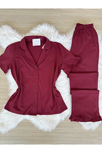 Pijamacs Cherry Rot Cotton Short Sleeve Front Button Pajama Set with Ruffle Detail on Sleeves and Legs