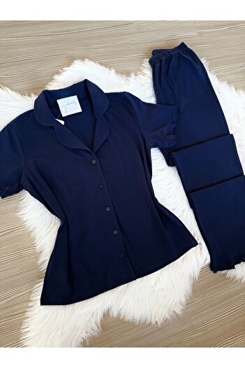 Pijamacs Navy Blue Cotton Short Sleeve Front Button Pajama Set with Ruffle Detail on Sleeves and Legs