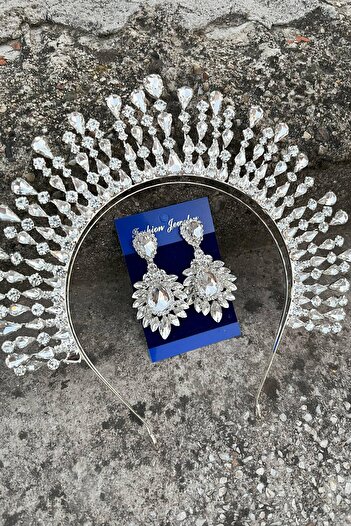 Hobigram Michaelle Silver Bridal Henna Crown Special Occasion Accessory Women's Crown and Wide Shuttle Earrings Set