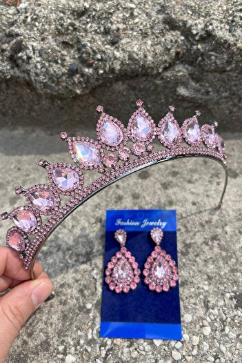 Hobigram Renata Pink Bridal Henna Crown Special Occasion Accessory Women's Crown and Drop Shuttle Earring Set
