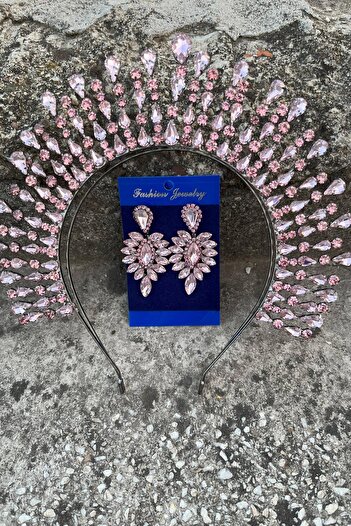 Hobigram Michaelle Pink Bridal Henna Crown Special Occasion Accessory Women's Crown and Thin Shuttle Earring Set