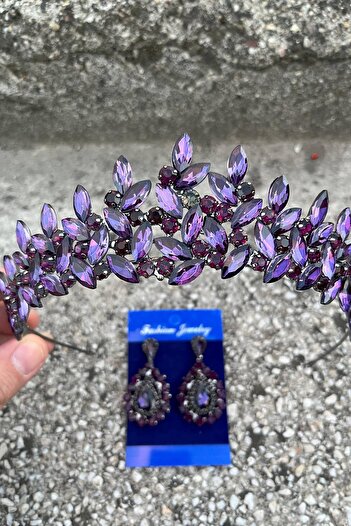 Hobigram Regina Purple Bridal Henna Crown Special Occasion Accessory Women's Crown and Drop Shuttle Earring Set