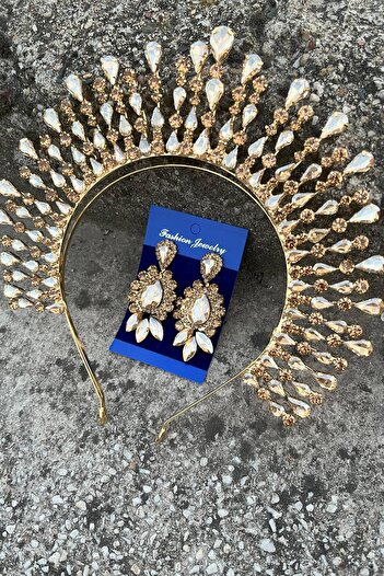 Hobigram Michaelle Gold Bridal Henna Crown Accesoriu pentru ocazii speciale Coroana pentru femei și set de trei cercei