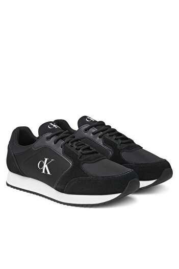 Calvin Klein Erkek Yuvarlak Burun Lamine Deri Bağlamalı Orta Kalın Topuk Siyah Sneaker YM0YM01326-0GM