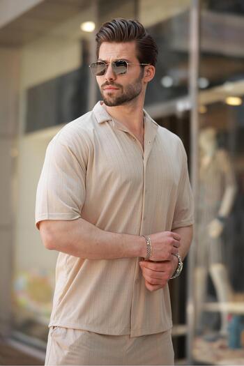 Madmext Beige Basic Men's Shirt Suit E7315